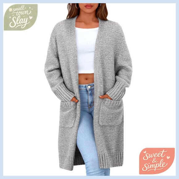 Long Sleeve Open Front Cardigan Sweater Relaxed Fit Knit Fabric Pockets